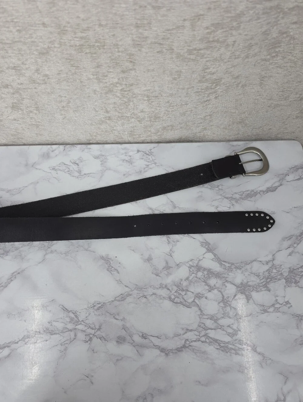All Saints Black Leather Belt with Silver Tone Buckle and Studs